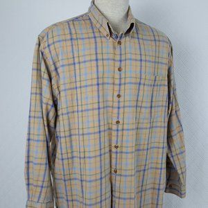 Charles Orvis Signature Men's Dress Shirt Tan Blue Plaid Long Sleeve Size Large